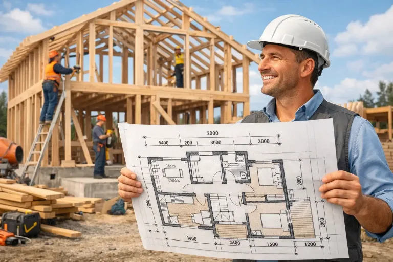архитектор держит чертеж дома на фоне строительства коттеджа