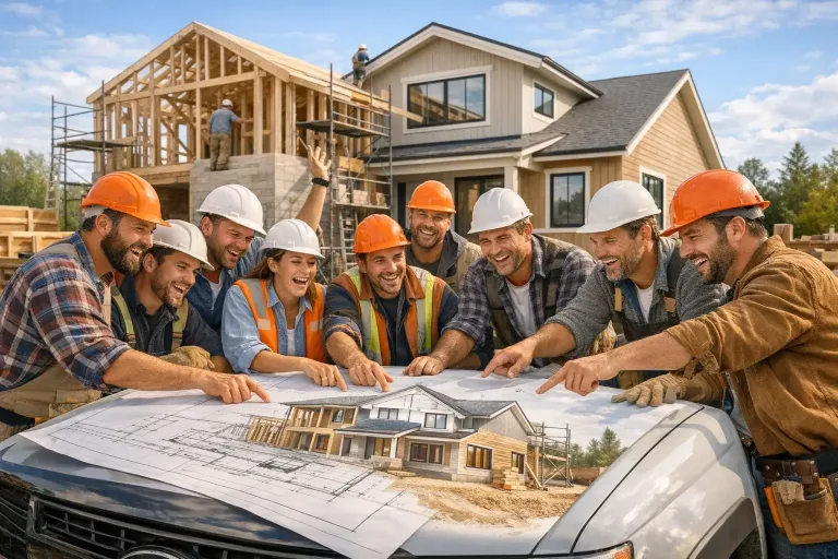 строительная бригада обсуждает проект дома