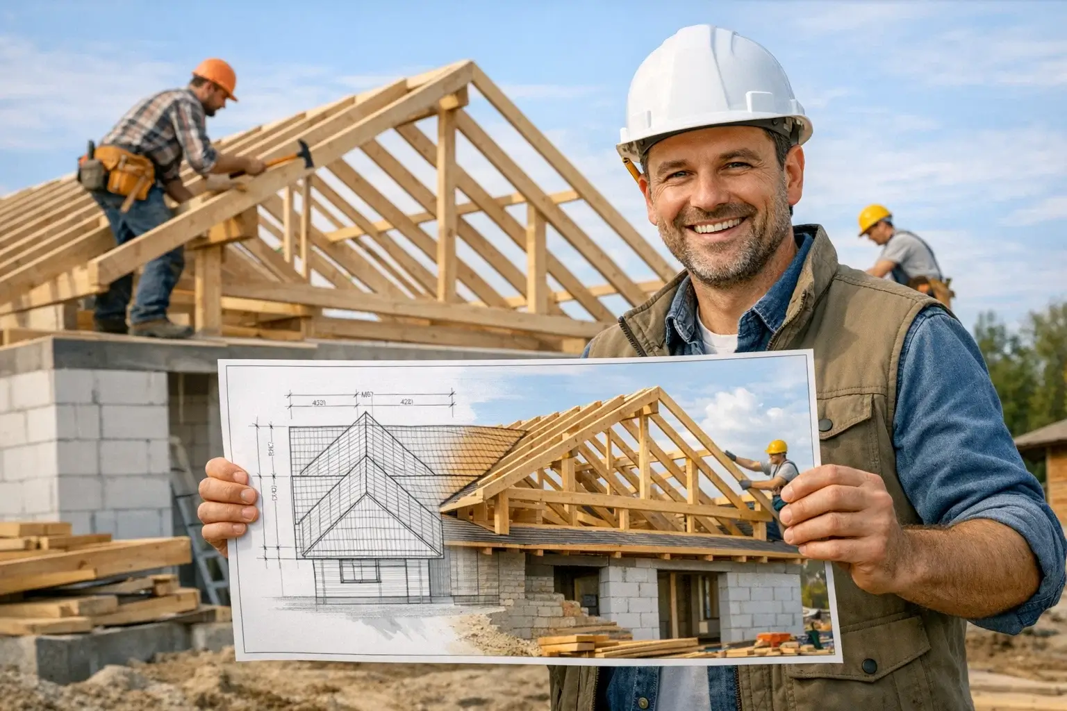 мастер показывает план крыши во время строительства дома