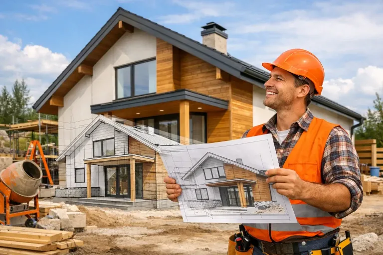 строитель сравнивает фасад дома с проектом