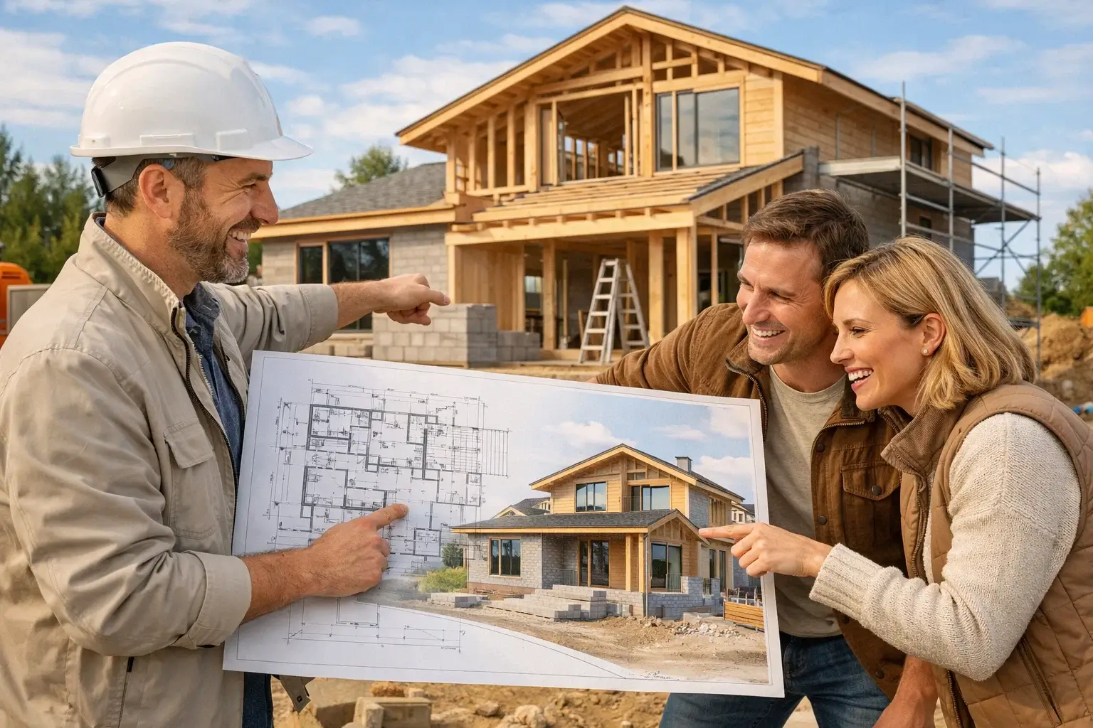 архитектор показывает проект дома клиентам