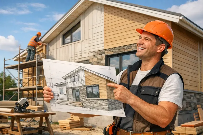 строитель сравнивает проект фасада с монтажом фасадных панелей