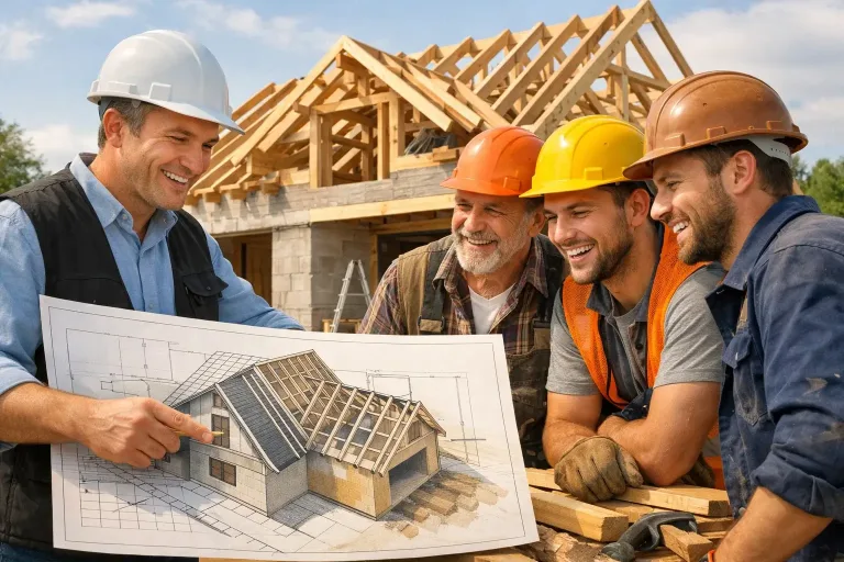 инженер объясняет рабочим план крыши дома