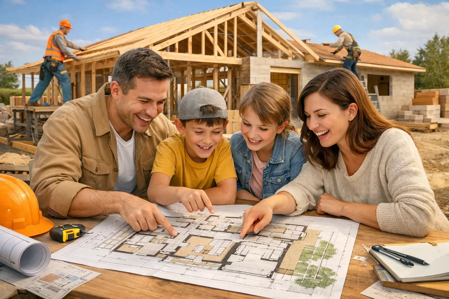 семья обсуждает планировку будущего дома